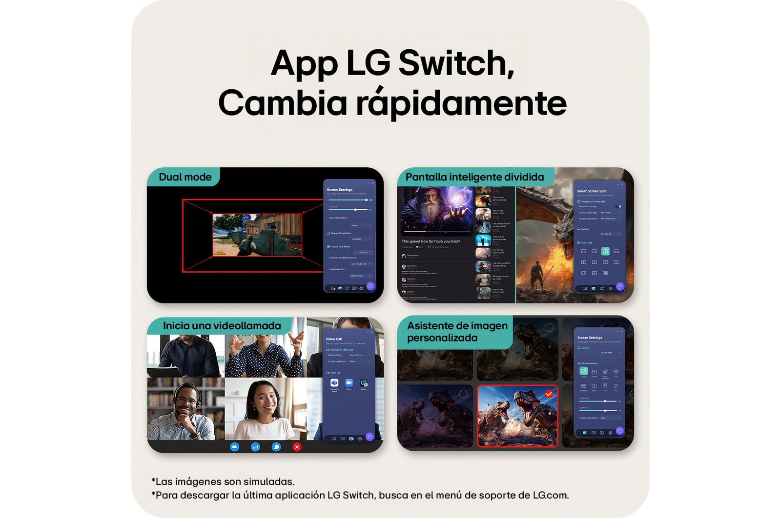 Imagen general de las características que muestra la interfaz de un monitor gaming, con ajuste de visualización de Modo Dual, Smart Screen Split para diseños multitarea, inicio de videollamadas con un solo clic y un Asistente de Imagen Personalizado para configurar los ajustes de pantalla a medida.
